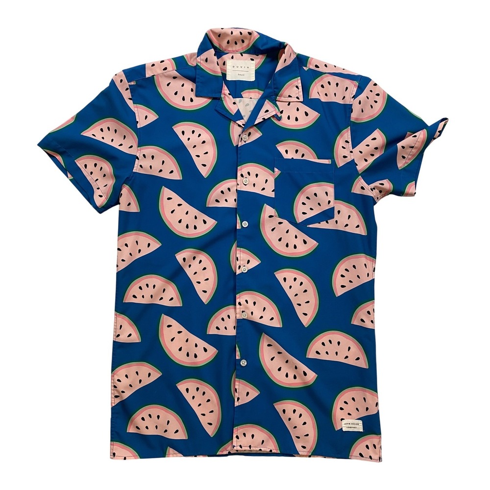 DUVIN DESIGN COMPANY Mens Watermelon‎ Print Button Up Shirt  Blue Small